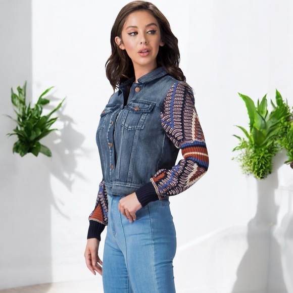 Flying Tomato Retro Vagabond Knit Balloon Sleeves Denim Jacket - Picture 11 of 16